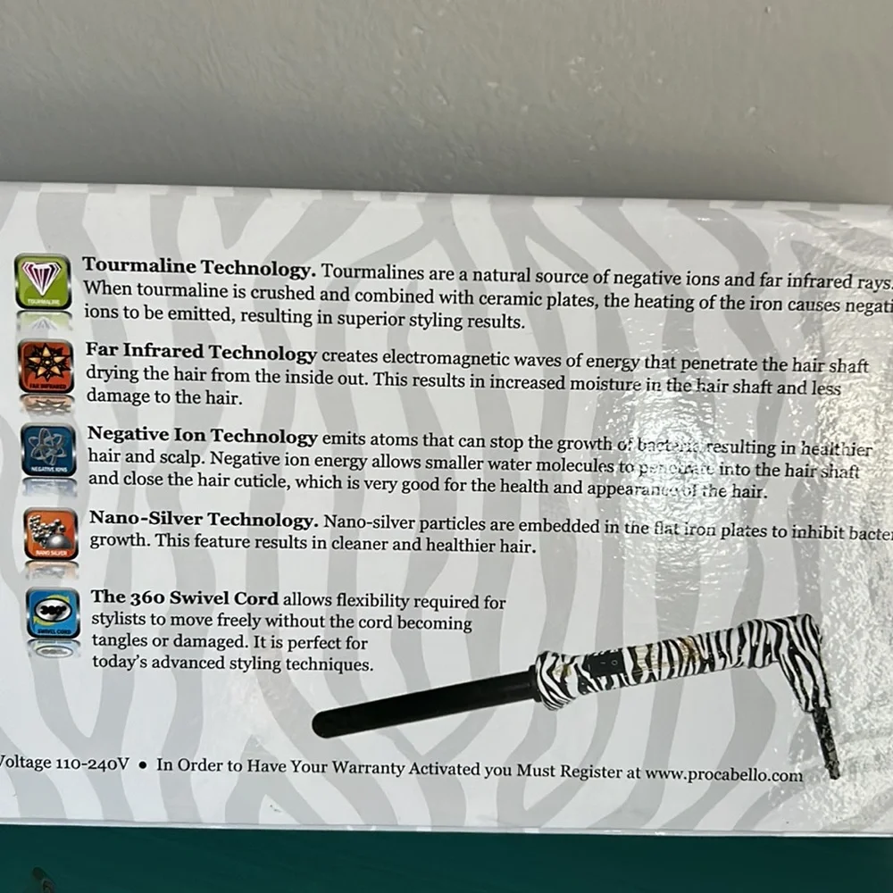 NIB Professional Ceramic Curling Iron with Tourmaline Barrel Zebra Print